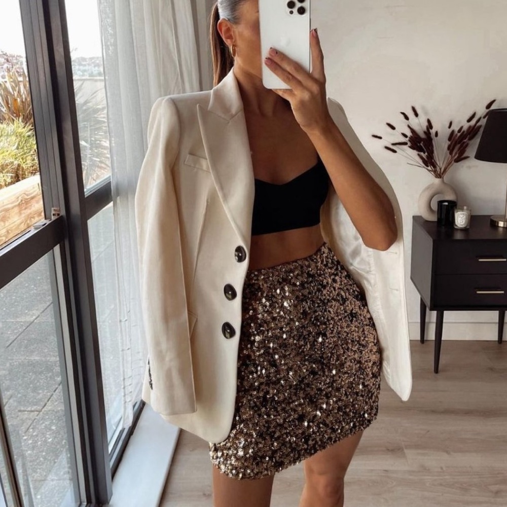 NWT Zara Gold Sequin High-Waisted Mini Skirt M